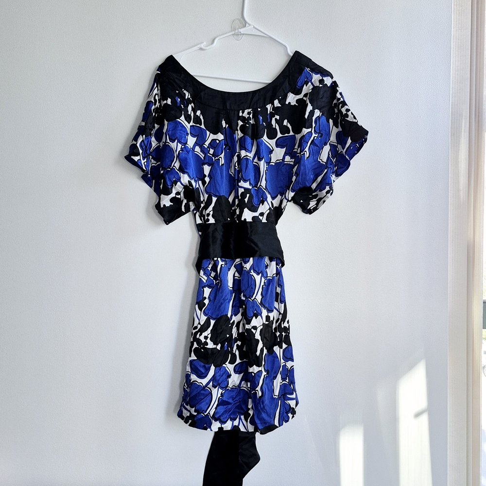 Bedoe Black and Blue Floral Waist Tie 100% Silk Dress In large Y2k